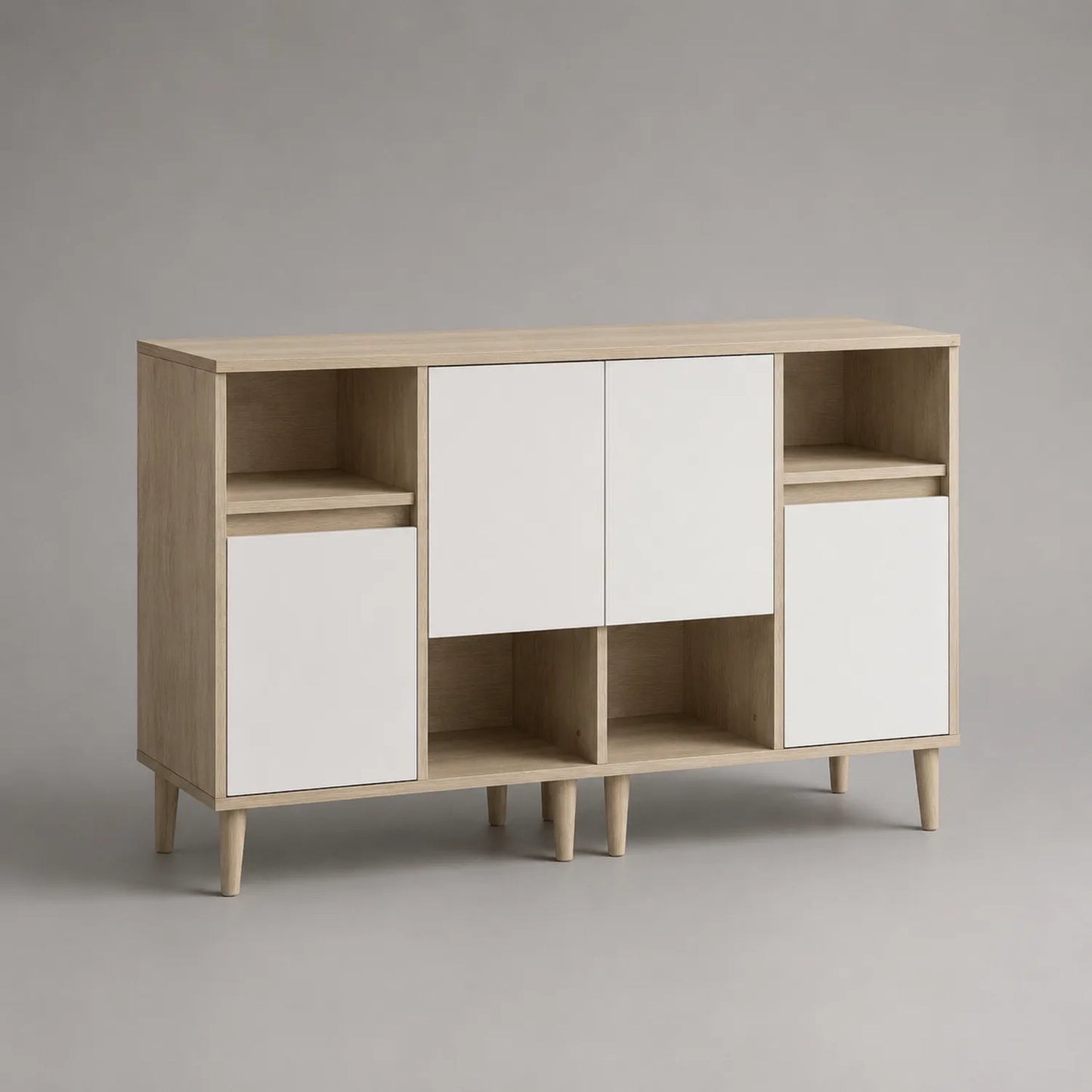 Sideboard aus MDF mit Holzoptik und weißen Türen 120x40x80 cm