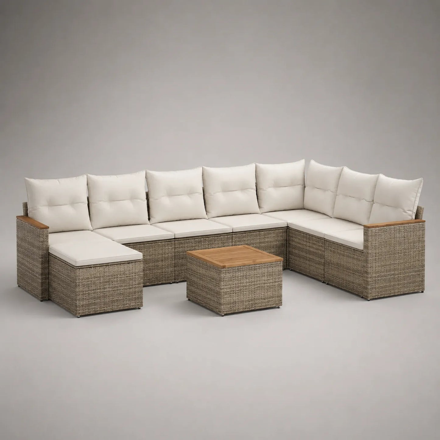Rattan Ecksofa Set Beige mit Tisch und Kissen