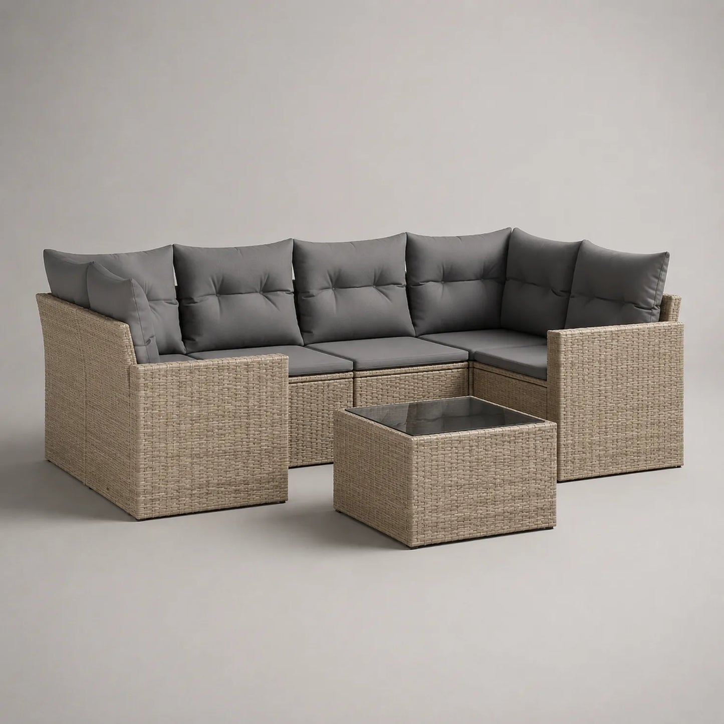 Polyrattan Ecksofa Set mit Kissen und Glastisch Beige/Grau
