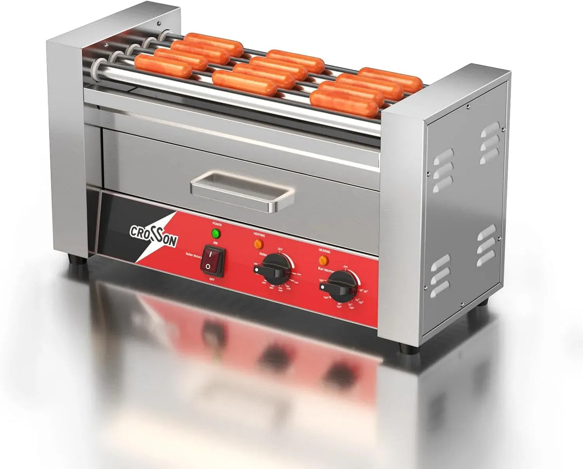 Smartes Thermostat, 1050 W, CROSSON, Transportrollen, Grill, 2 Temperaturzonen, Hot Dog Maschinen 5 Rollen mit Brötchenwärmer