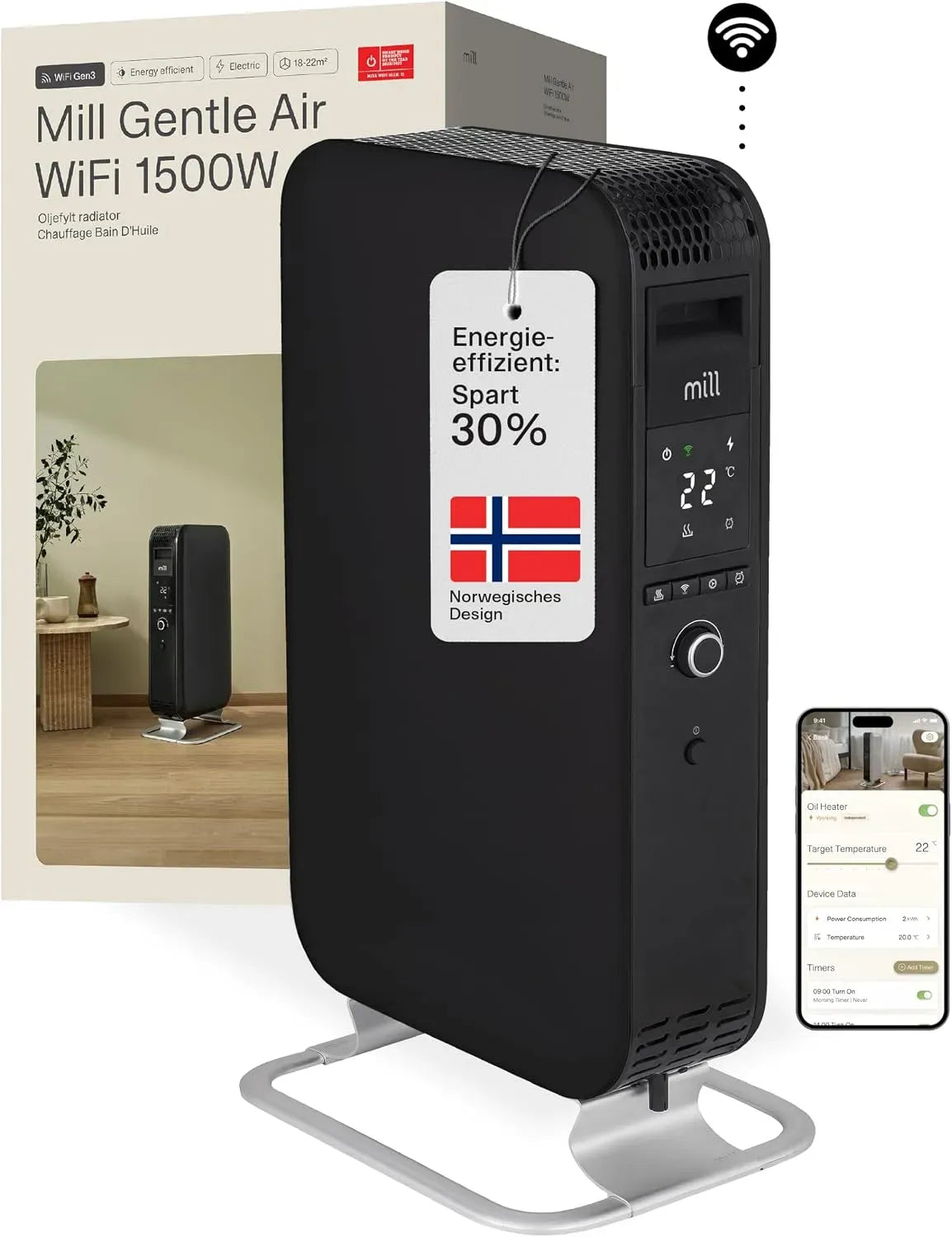 Elektroheizung, 1500 W, WLAN, leise, Schwarz, Heizung elektrisch 18-22m², WIFI Smarte Elektroheizung mit App