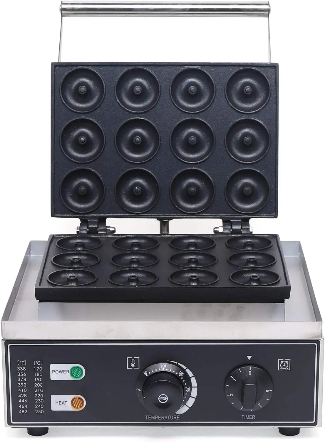 Donutmaschine, 1550 W, 50 bis 300 °C, Donutmaker, gewerblich, Antihaftbeschichtung, Edelstahl, Antihaft-Beschichtung