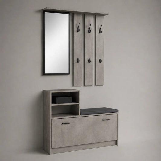 Garderoben-Set mit Spiegel und Sitzbank MDF und PU-Leder Grau