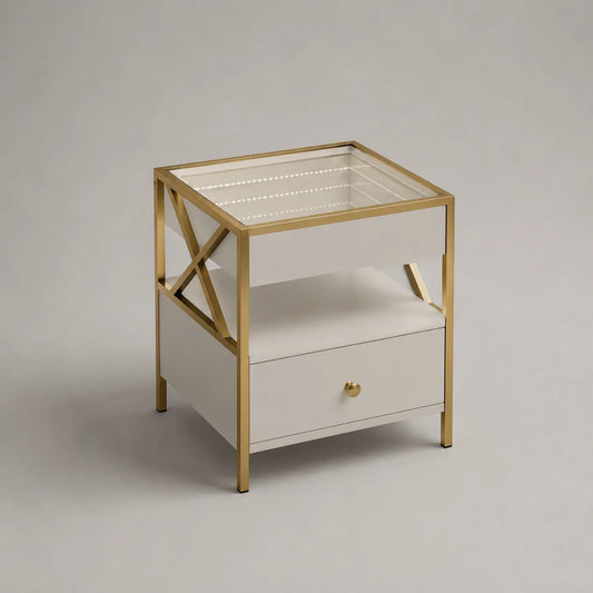 Nachttisch mit Glasoberfläche, Metallrahmen in Gold