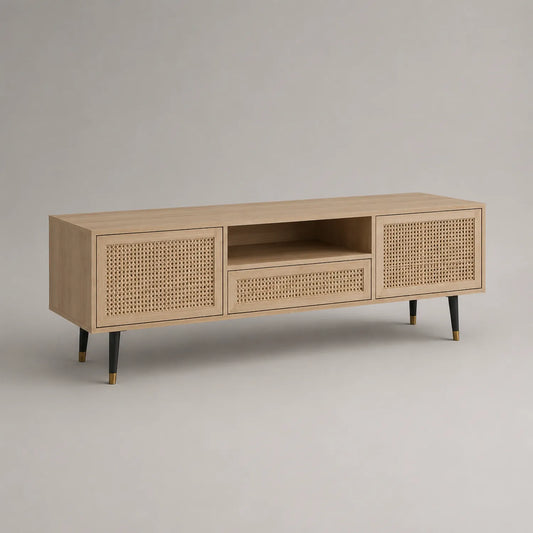 Holz-TV-Schrank mit Rattanakzenten und Metallbeinen 150cm
