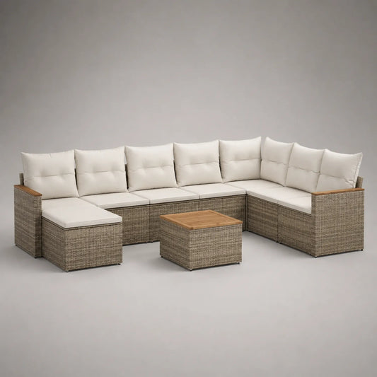 Rattan Ecksofa Set Beige mit Tisch und Kissen