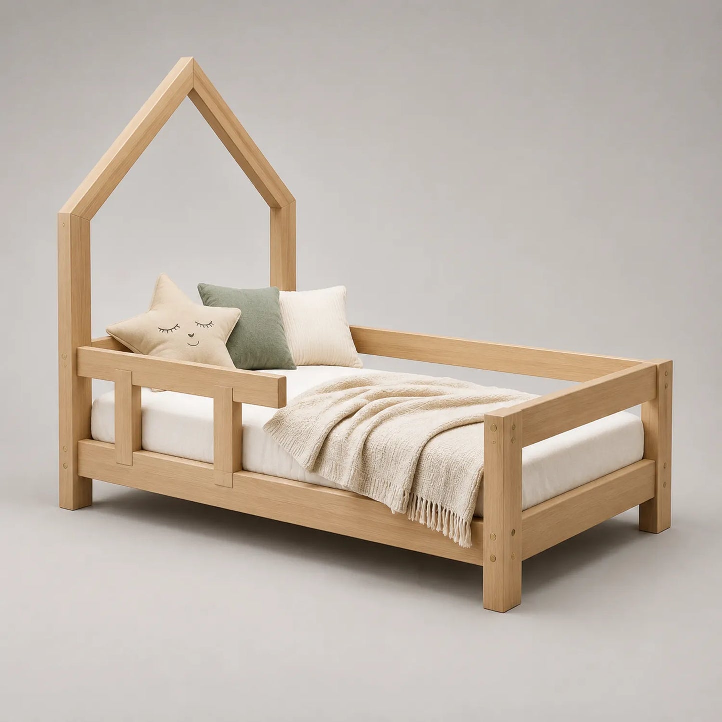 Hausbett aus Eichenholz mit Geländer 90x200
