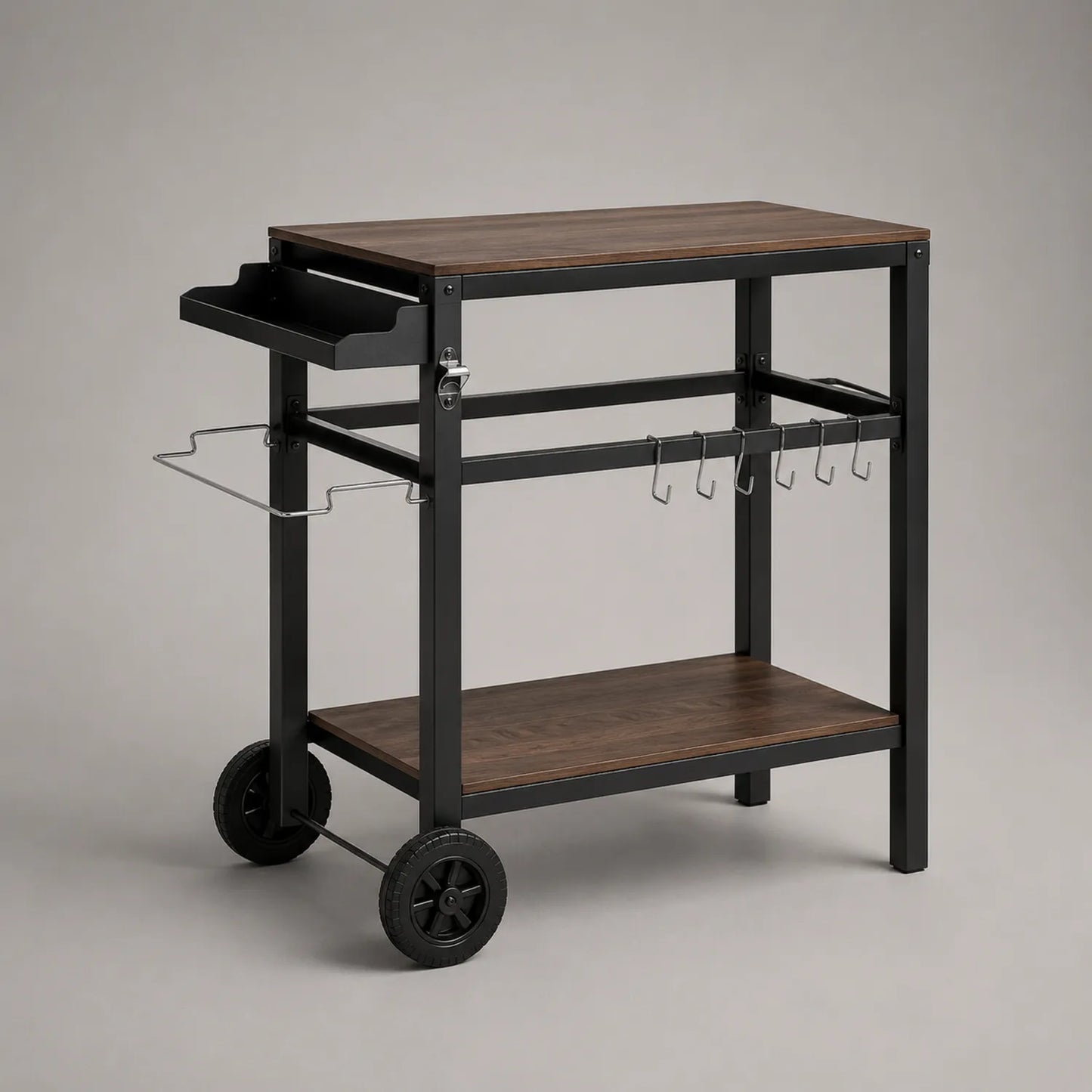 Metall Küchenwagen mit Holzplatte und Rädern Schwarz/Braun
