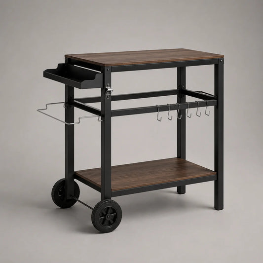 Metall Küchenwagen mit Holzplatte und Rädern Schwarz/Braun