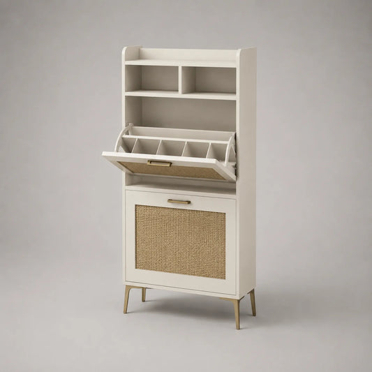 Beiger Holzschuhschrank mit Metallbeinen und Rattanfront, 140x60x30 cm