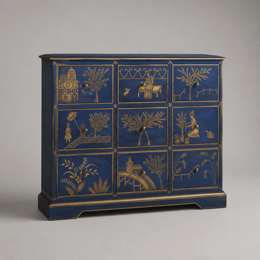 Holz-Sideboard mit handgeschnitzten Details Blau-Gold 100x40x90 cm