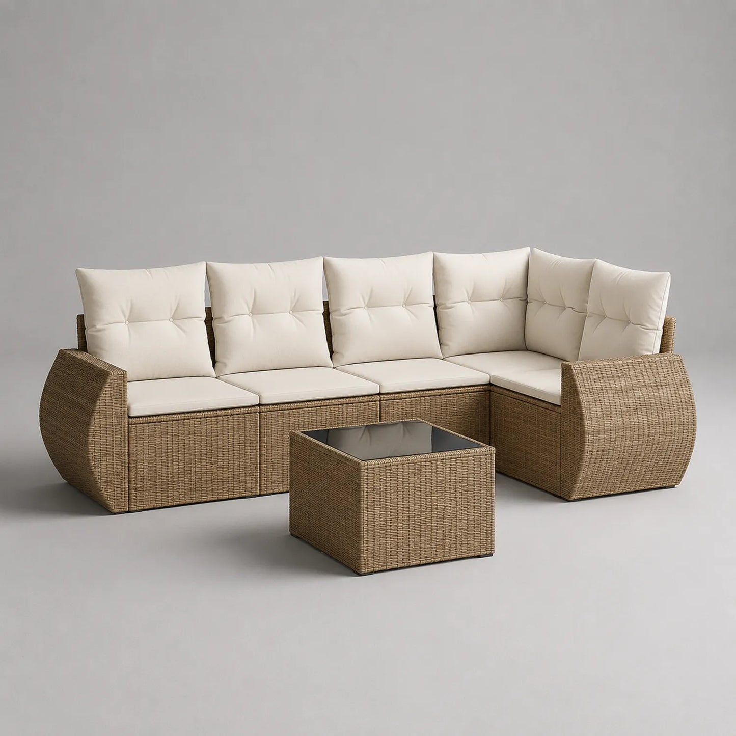 Rattan Ecksofa Set mit Sicherheitsglas Tisch in Beige