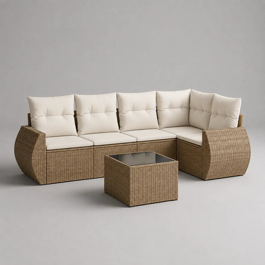 Rattan Ecksofa Set mit Sicherheitsglas Tisch in Beige