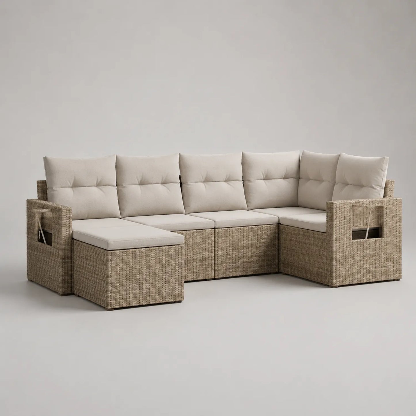 Rattan Ecksofa Set Beige mit Kissen 5-teilig