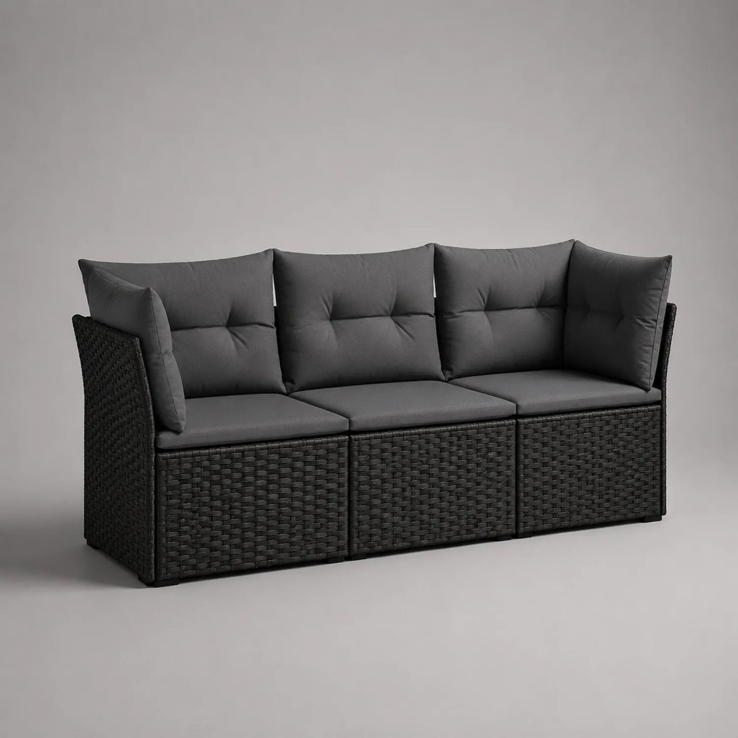 Rattan-Gartensofa Schwarz mit grauen Polyesterkissen