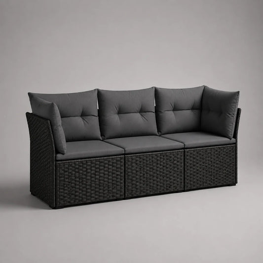 Rattan-Gartensofa Schwarz mit grauen Polyesterkissen