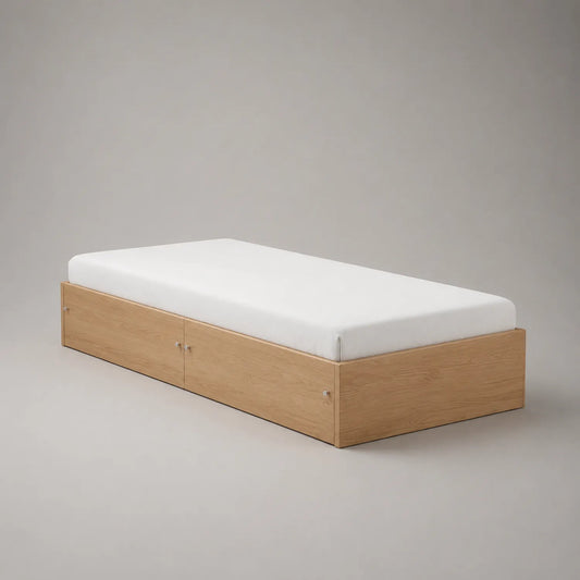 Einzelbett mit Stauraum aus MDF mit Holzfurnier und Metallgriffen