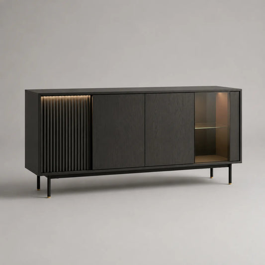 Holz Sideboard mit Glastür und LED-Licht, Schwarz
