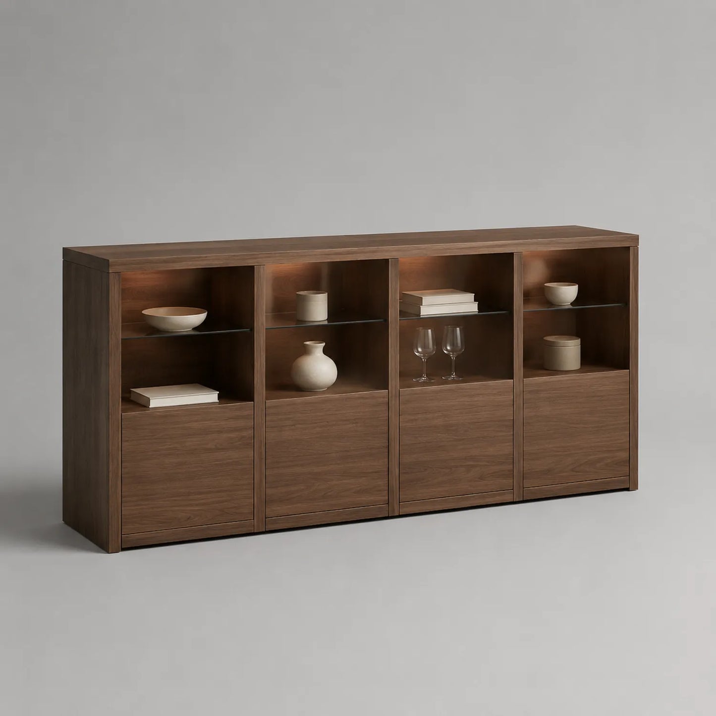 Walnuss Sideboard mit Glasböden 200x85x35cm