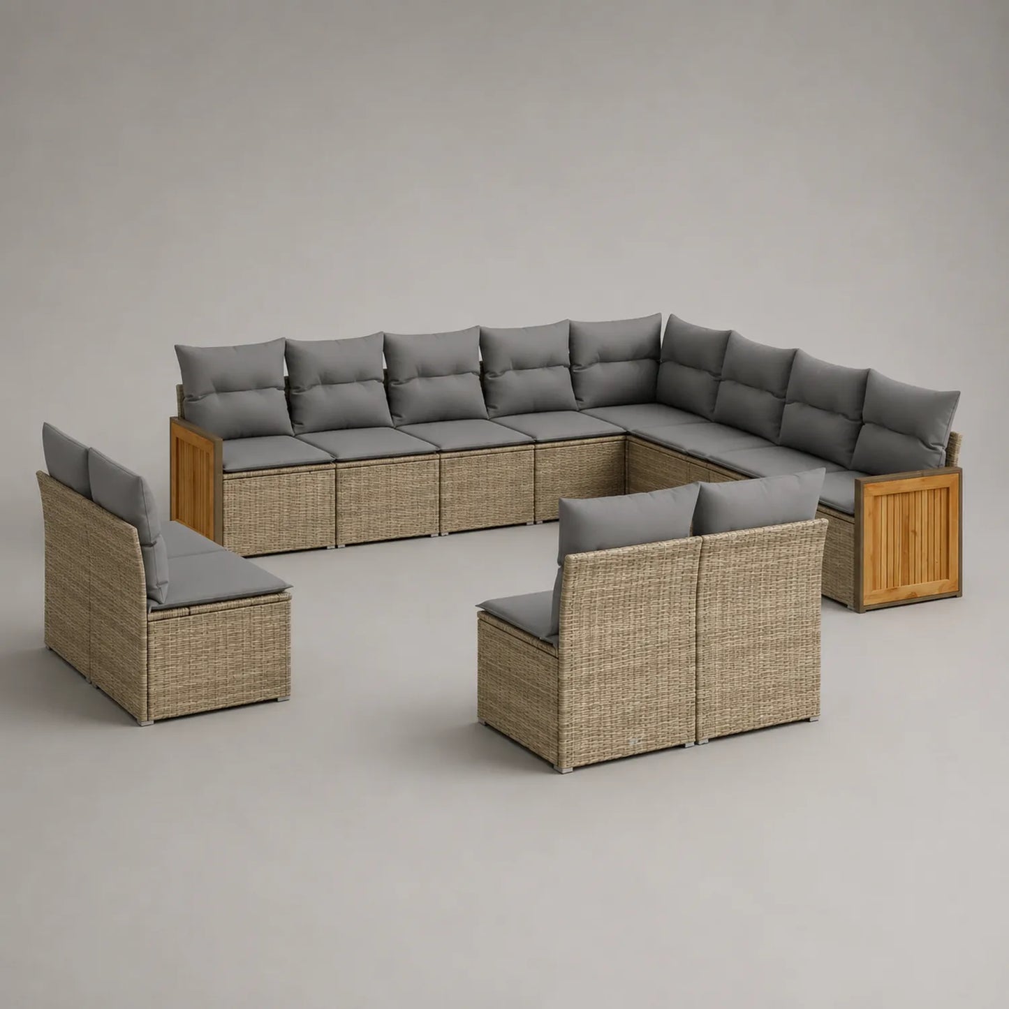 9-teilige Rattan-Gartensofa-Set mit Holz Grau