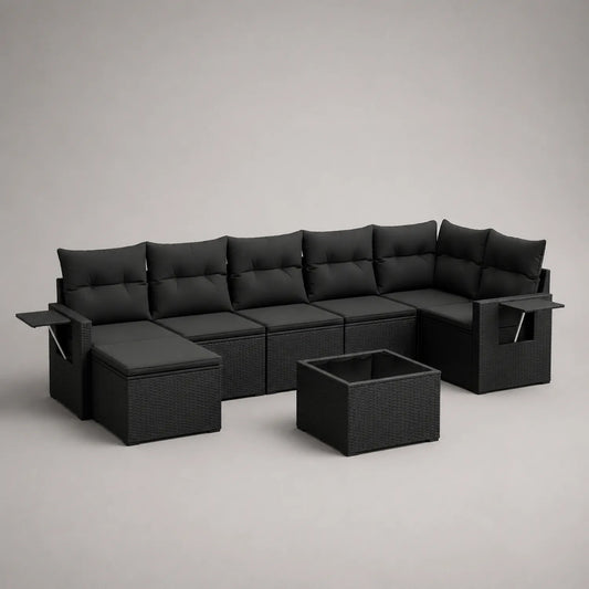 Gartensofa Set Polyethylen Ecksofa mit Kissen Schwarz 7-teilig