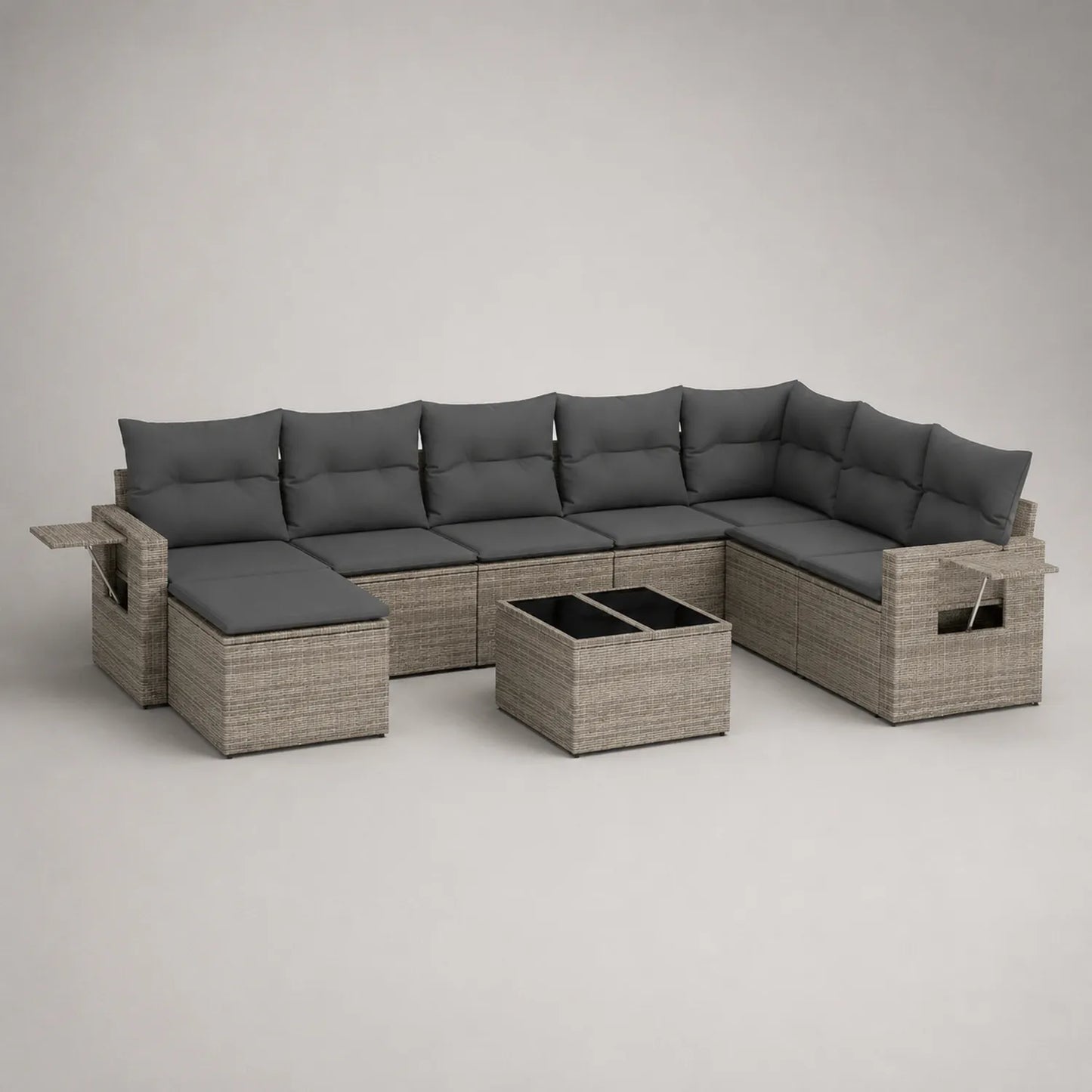 Garten-Rattansofa Set 7-tlg. mit Aluminiumgestell und grauen Bezügen