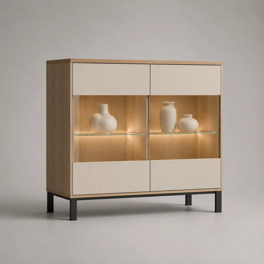 Sideboard mit Glasregalen und LED-Beleuchtung Eiche furnier/Creme 120x40x140cm
