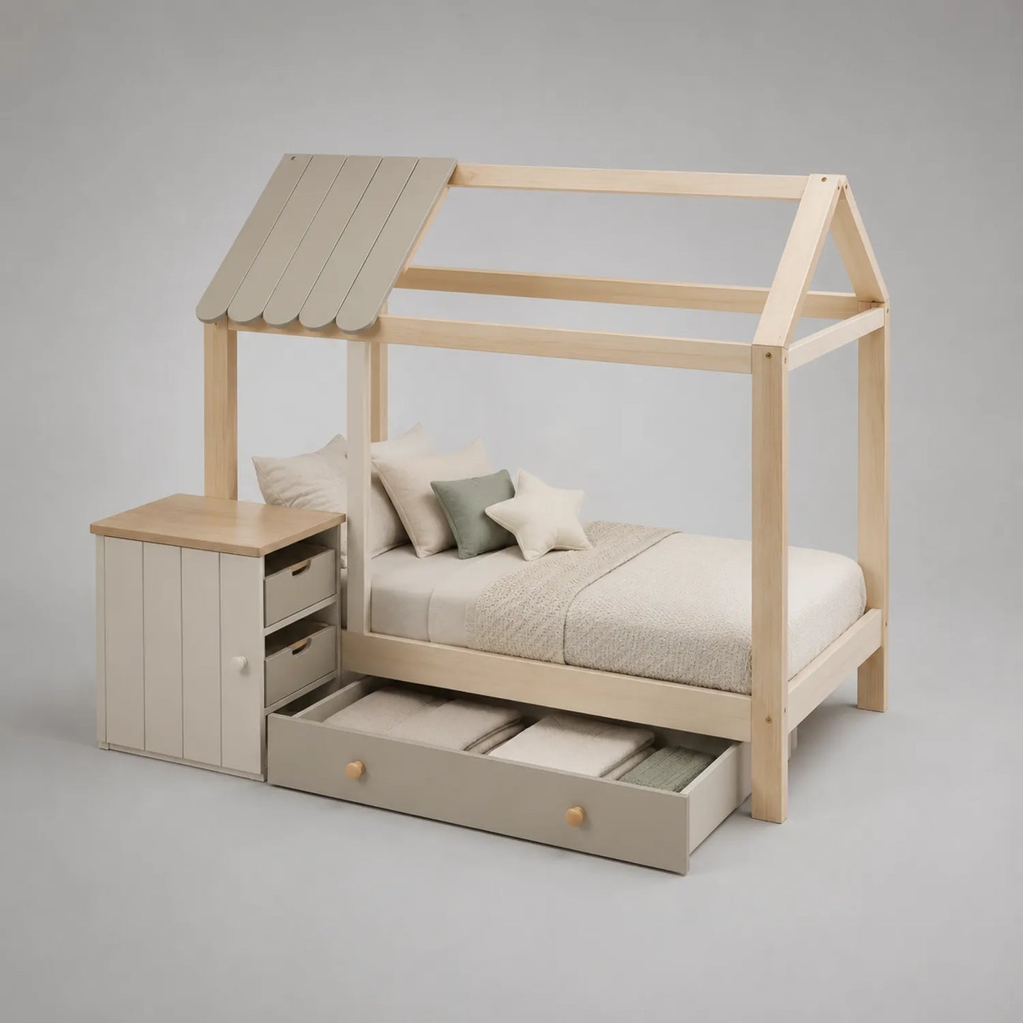 Kinderhausbett aus Kiefernholz mit Schubladen und Nachttisch 200x90 cm