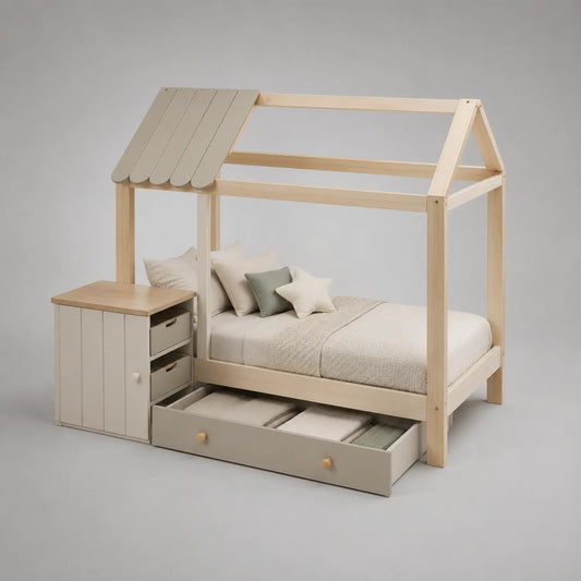 Kinderhausbett aus Kiefernholz mit Schubladen und Nachttisch 200x90 cm