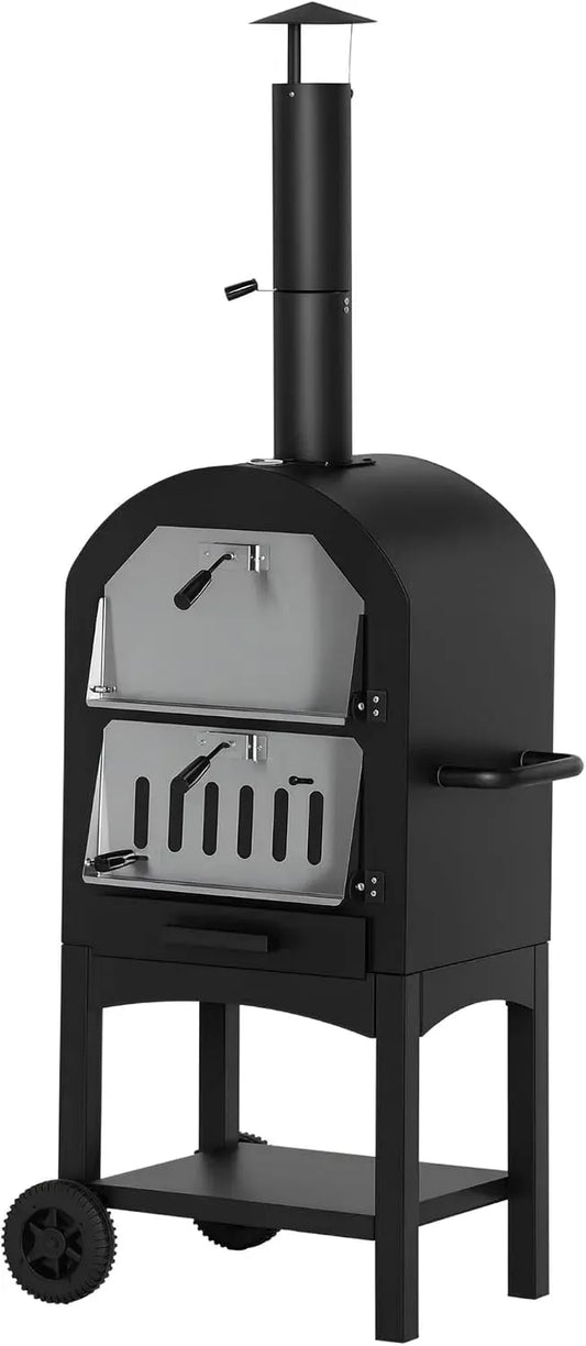 Elektrischer Pizzaofen, 63x54x161cm, Outsunny 2-In-1, Outdoor, Transportrollen, Schwarz