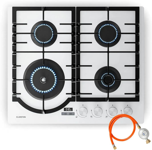 Klarstein 4-Brenner Gaskochfeld, 60x51cm, 8000 W, Timer, Gusseisen, Gaskocher, Weiß, Gusseisen-Topfhalter, Timer & Temperaturregelung
