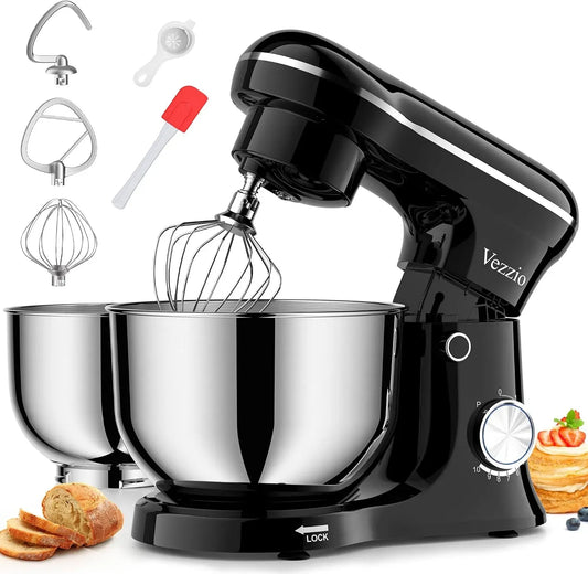 Küchenmaschine, 1500 W, Vezzio 5QT 6QT, Edelstahl, Schwarz, Rührmaschine mit Doppel-Edelstahlschüsseln, 10 Stufen
