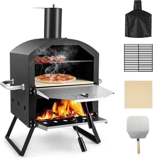Elektrischer Pizzaofen, GOPLUS, tragbar, Outdoor, IP65, Grill, Camping, Edelstahl, tragbarer Holzofen Grillofen mit faltbaren Beinen, Pizzaschaufel