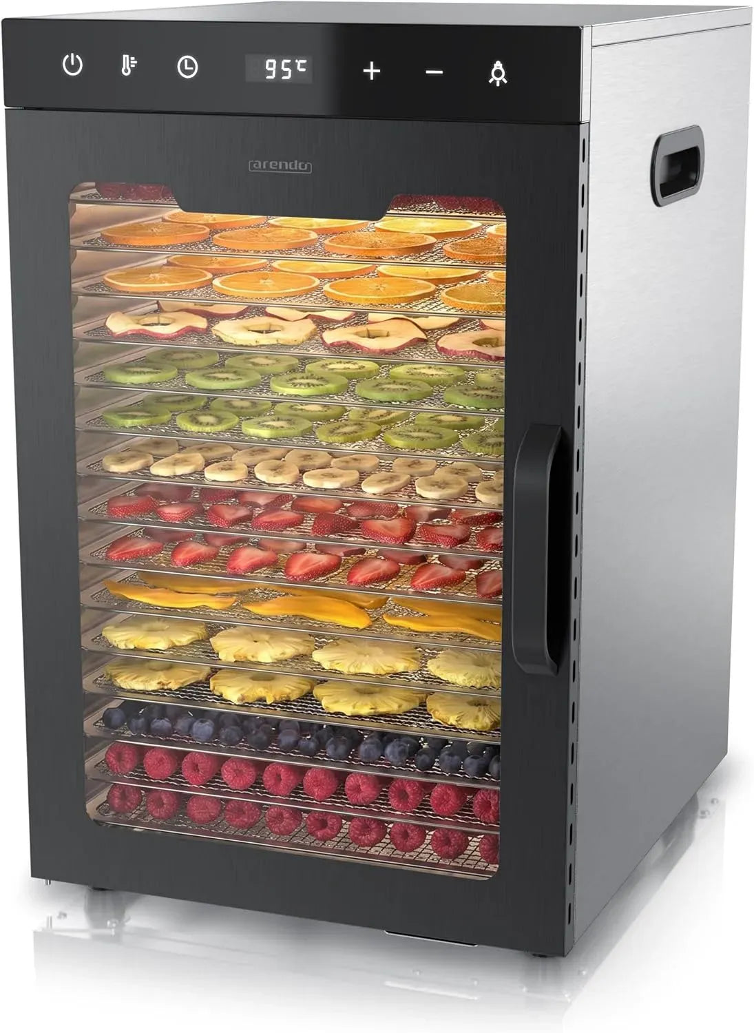 Wäschetrockner, 1000 W, 8 Programme, Touch-Bedienung, Edelstahl, Dörrautomat Edelstahl mit 16 Edelstahlgitter, LED Touch Control, 13400 cm²