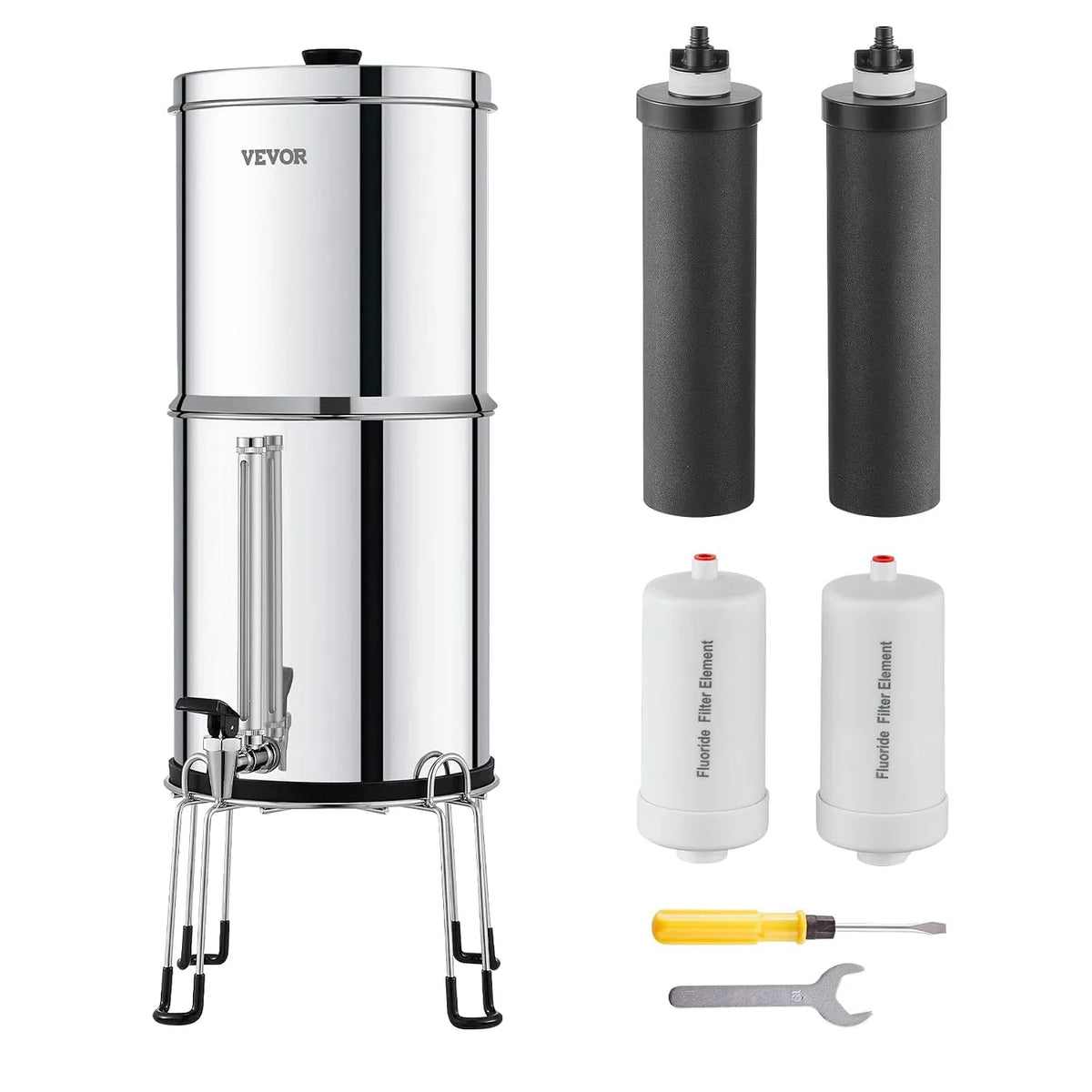 VEVOR mit 2 Aktivkohlefiltern & 2 Entfluorierungsfiltern & Zapfhahn, Schwerkraft Wasserfiltersystem Edelstahl Arbeitsplattensystem 7+7,5L, 7,5 L