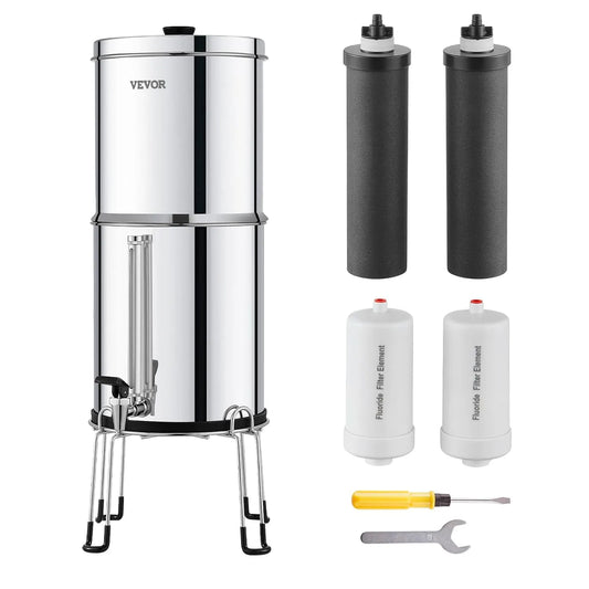 VEVOR mit 2 Aktivkohlefiltern & 2 Entfluorierungsfiltern & Zapfhahn, Schwerkraft Wasserfiltersystem Edelstahl Arbeitsplattensystem 7+7,5L, 7,5 L
