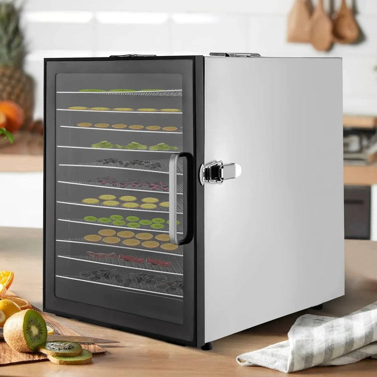 Wäschetrockner 24h, 30 bis 80 °C, Timer, Gefrierfach, 2 Temperaturzonen, Edelstahl, 12 Etagen Dörrautomat Edelstahl Food Dehydrator