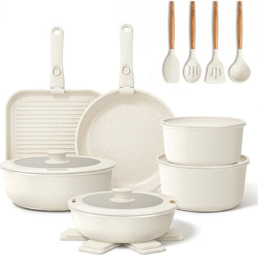 YASHE 21 21-teiliges Platzsparend stapelbares Wohnmobil-Topfset, Induktion, 21-teiliges Kochgeschirrset, ungiftig, PTFE- und PFAS-frei
