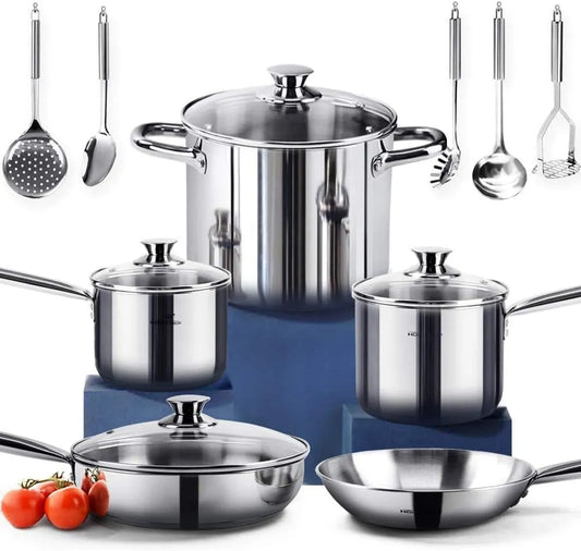 14-teiliges Topf, Topf- und Pfannenset, Edelstahl, Glas, HOMICHEF