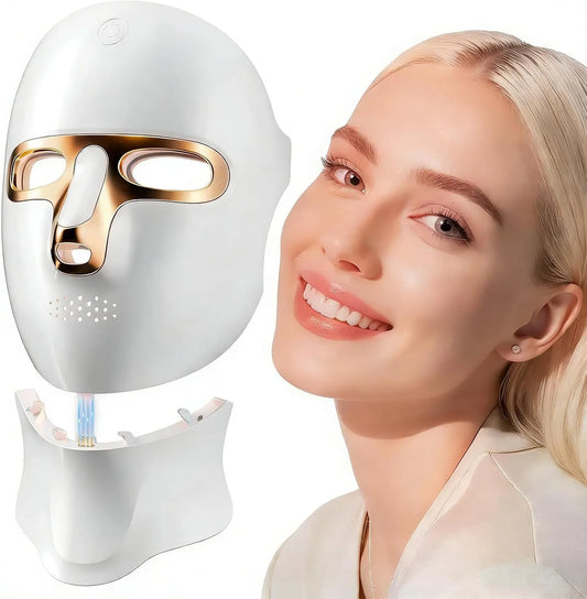 7-Farben USB-C kabellos, Maske Gesicht Anti-Aging mit Halsaufsatz, für mit Halsaufsatz für Zuhause & Reisen, 120 Leuchtdioden, Gold, Rotlicht Maske