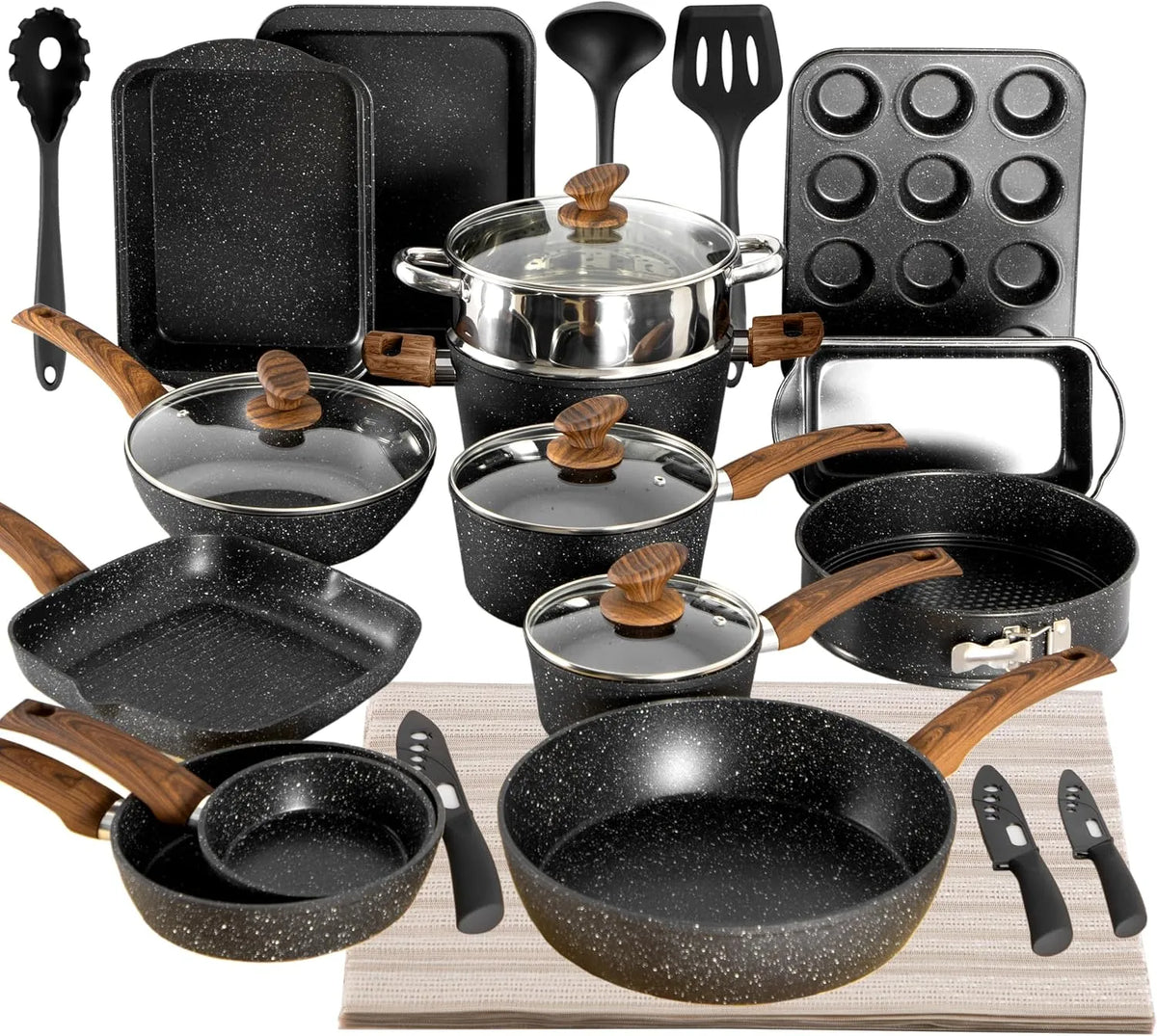 30tlg Topf, Topf- und Pfannenset, Antihaftbeschichtung, Schwarz, Glas