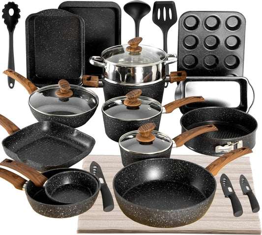 30tlg Topf, Topf- und Pfannenset, Antihaftbeschichtung, Schwarz, Glas