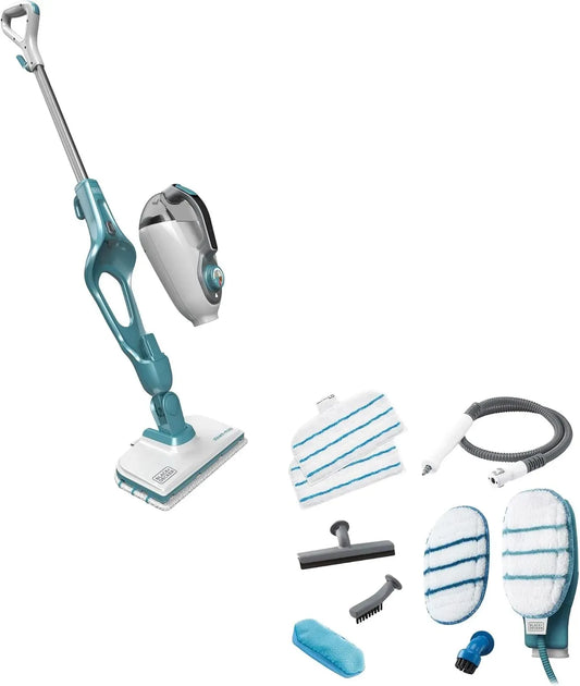 Black+Decker 15-in-1 15-tlg Gerätezubehör, Dampf, Schwarz, 180° drehbarer Reinigungsfuß, Dampfbesen Steam-mop, AutoSelect für richtige Menge Dampf