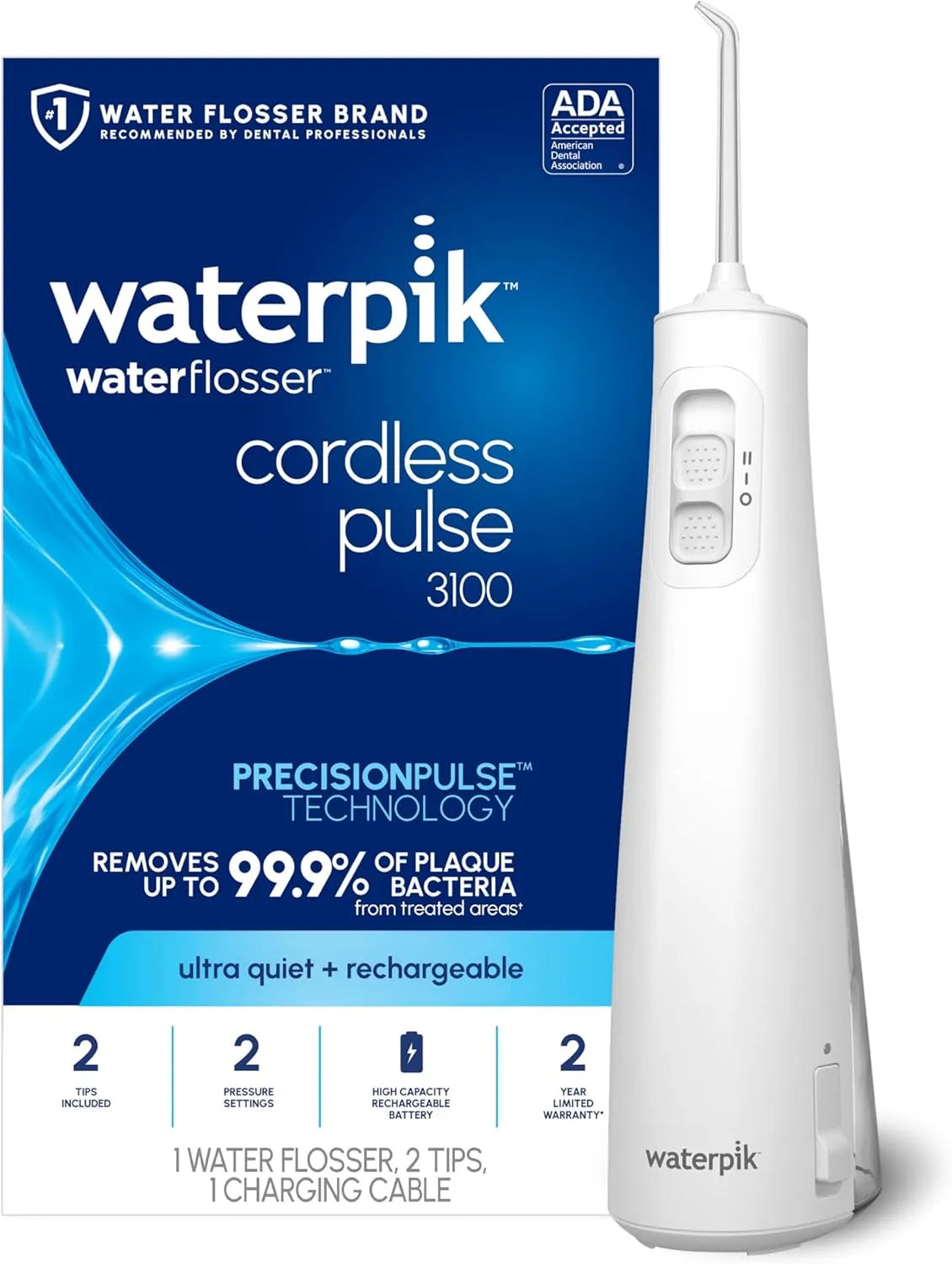 WF-20 Waterpik Kabellose Pulse wiederaufladbare tragbare Wasserflosser für Zähne, Zahnfleisch, Zahnspange Pflege und Reisen mit 2 Zahnseidespitzen