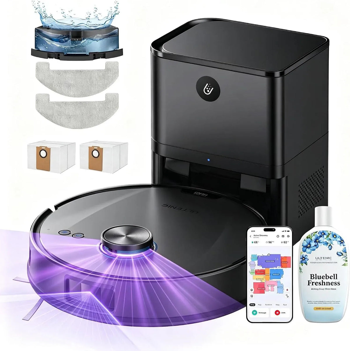 Saugroboter 4-in-1, 3,5 L, Boost, App, 10000Pa Staubsauger Roboter mit Absaugstation 3,5L, Teppich-Boost, APP Steuerung